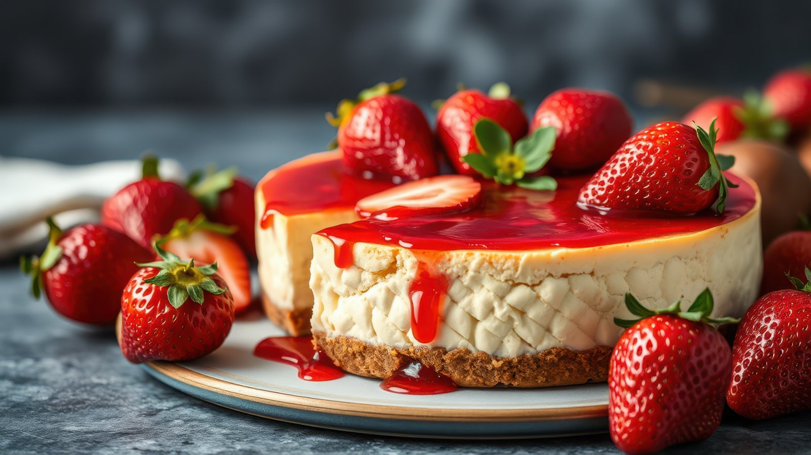 Strawberry cheesecake topped with fresh strawberries and vibrant red glaze on a rustic table